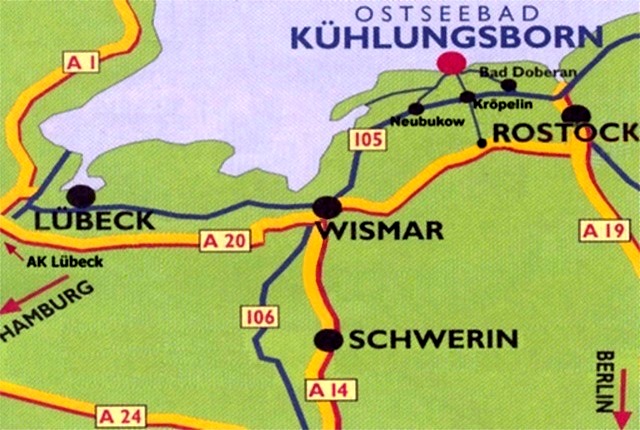 Skizze der Autobahn A20 und Zufahrt zu Kühlungsborn.